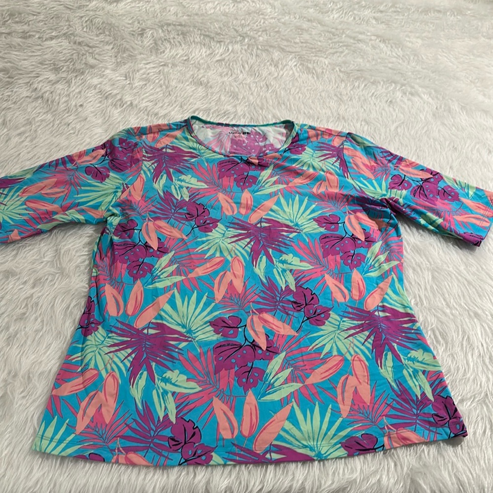 Lands end pink tropical swim top short sleeve size medium